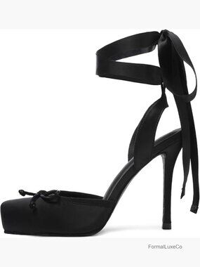 Closed Square Toe Satin Ballet Heels Bow Lace Up Stiletto Pumps Party